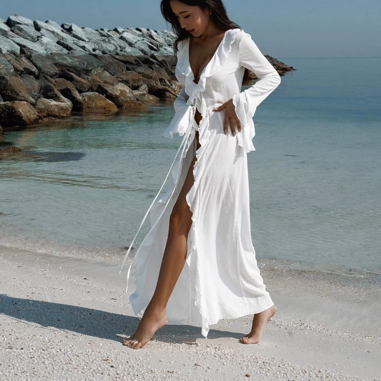Damen Strandkleid mit raffinierten Rüschen und tiefem V-Ausschnitt EB