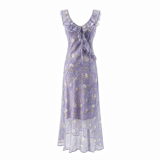 Damen Maxikleid mit romantischem Rüschensaum und floralem Muster EB