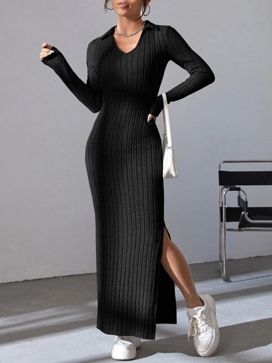 Damen Langarm Maxikleid mit V-Ausschnitt und seitlichem Schlitz EB