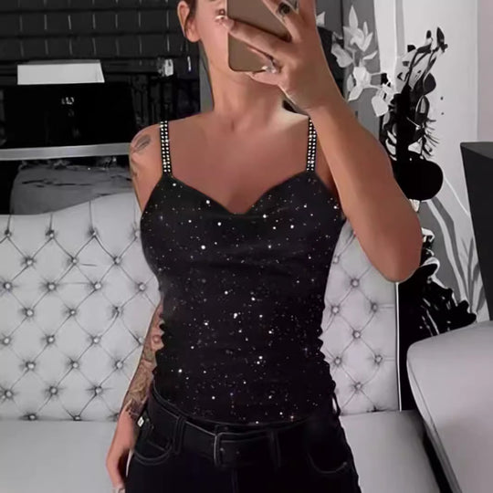 Damen Elegante Spaghetti-Träger Top mit Glitzer-Details EB