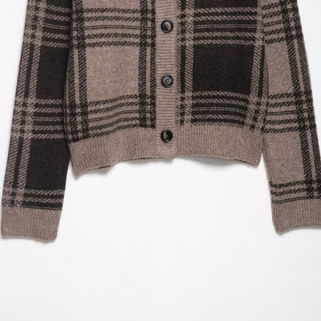 Damen lässige Karostrickjacke mit Knopfverschluss EB