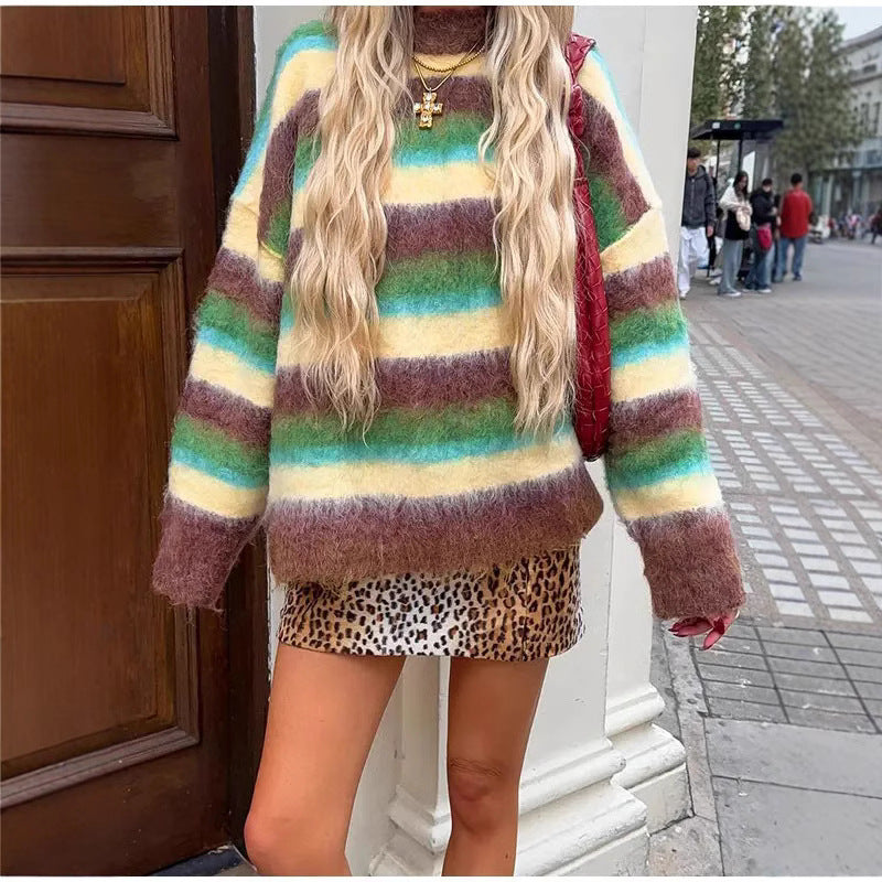 Damen Oversized Strickpullover mit farbenfrohen Streifen EB