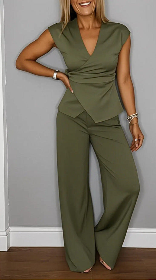 Damen elegantes Wickeloberteil mit weit geschnittenen Hosen EB