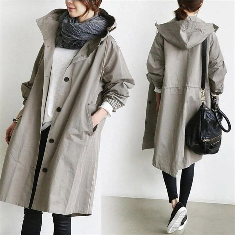 Damen nan leichter oversized Parka-Mantel mit Kapuze, Taillenzug und seitlichem Gehschlitz EB