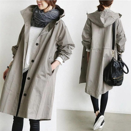 Damen nan leichter oversized Parka-Mantel mit Kapuze, Taillenzug und seitlichem Gehschlitz EB