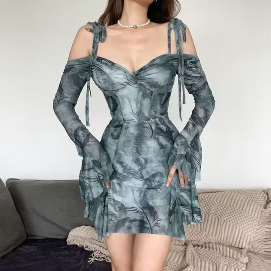 Damen Minikleid mit schulterfreien Ärmeln und floralem Muster EB