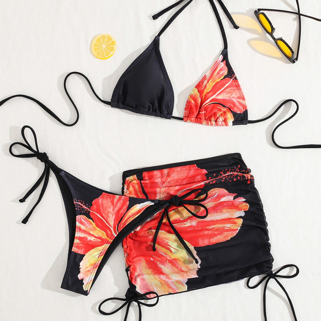 Damen Triangel-Bikini mit transparentem Rockelement und floralem Design EB