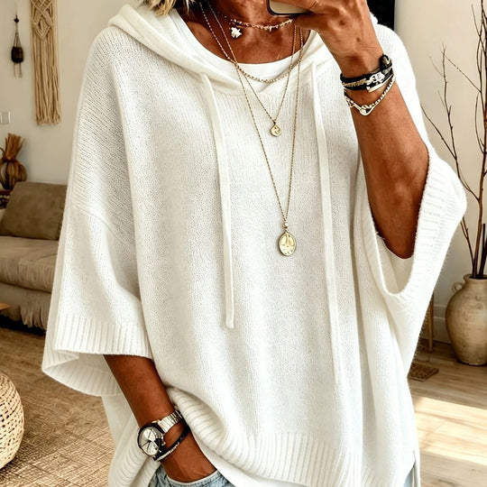 Damen nan Oversize Strickponcho mit Kapuze und kurzen Ärmeln EB