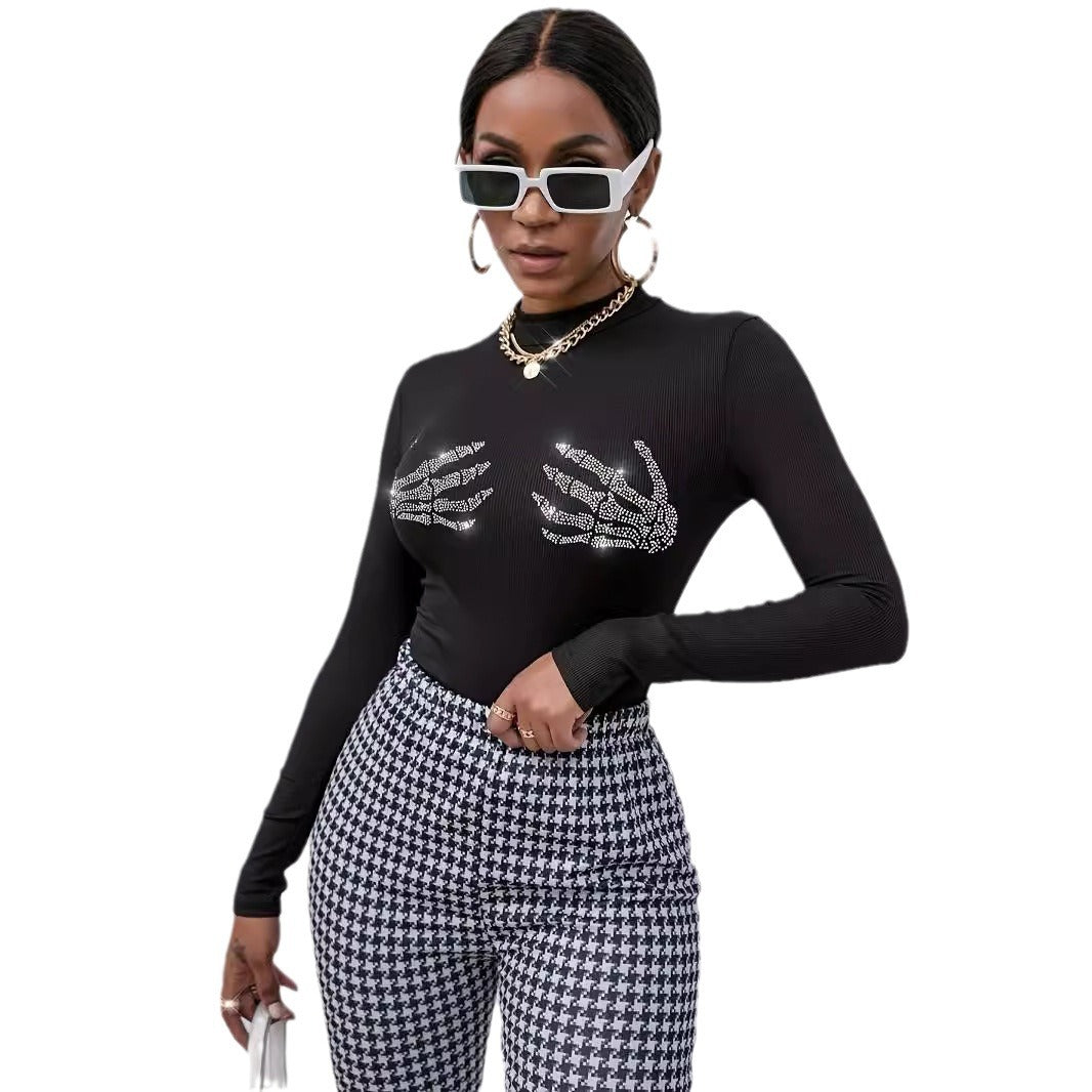 Damen nan figurbetontes transparentes Netz-Langarmshirt mit hohem Kragen und Strass-Skelettmotiv EB