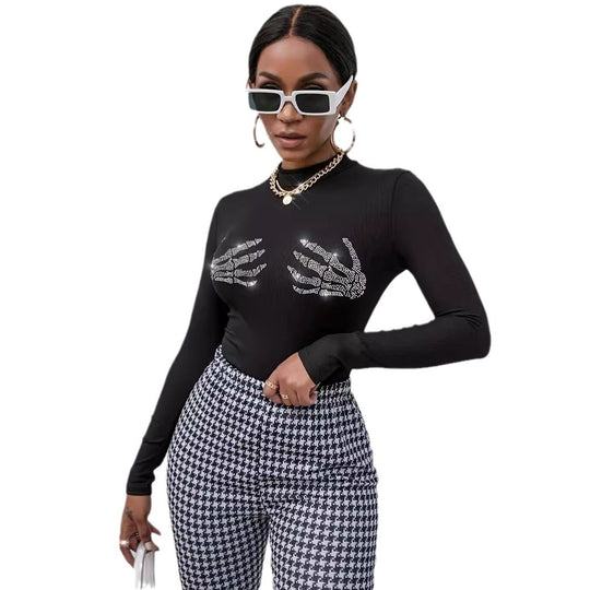 Damen nan figurbetontes transparentes Netz-Langarmshirt mit hohem Kragen und Strass-Skelettmotiv EB