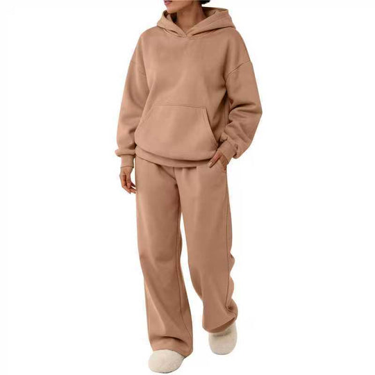 Damen nan zweiteiliges Freizeit-Lounge-Set mit Kapuzenpullover, Kängurutasche und gerader Loungehose aus weichem Baumwollmix EB