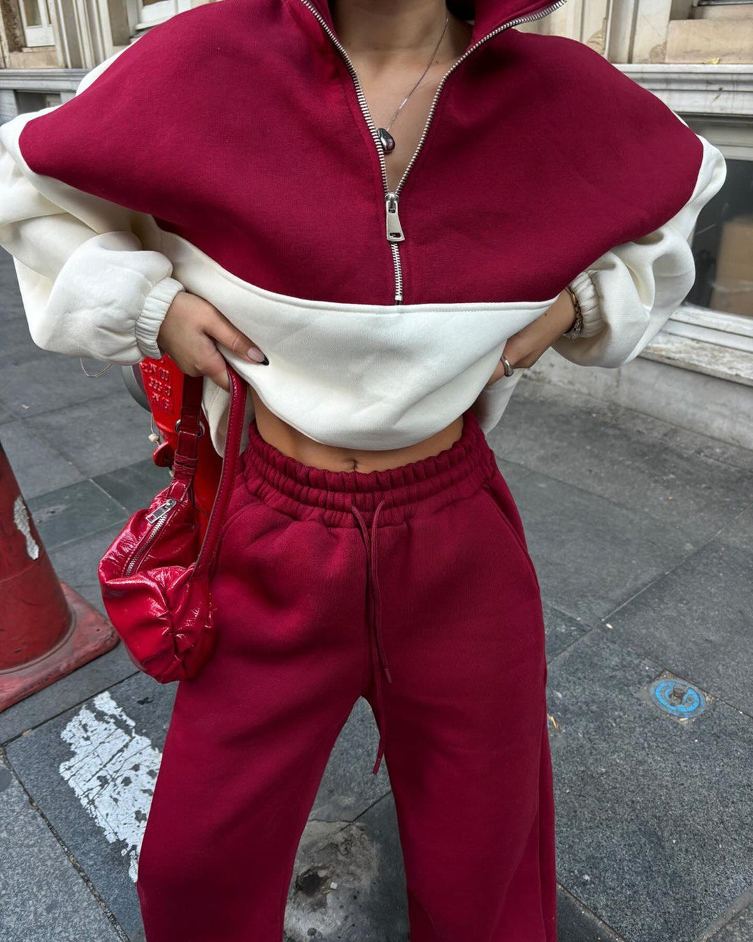 Damen Oversized Zweifarbiges Half-Zip Loungewear-Set mit Stehkragen und weitem Palazzo-Jogger EB