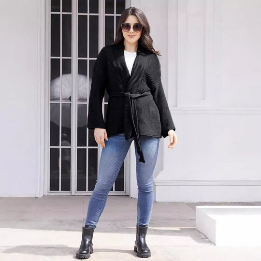 Damen Strickjacke mit Bindegürtel und lässigem Schnitt EB