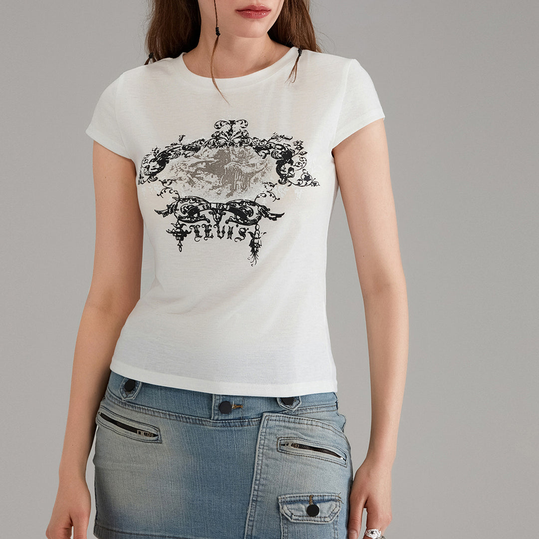 Damen lässiges Grafik-Crop-Top mit Rundhals-Ausschnitt EB