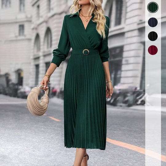 Damen Plissiertes Wickel-Midikleid mit Hemdkragen, Taillengürtel und langen Manschettenärmeln EB