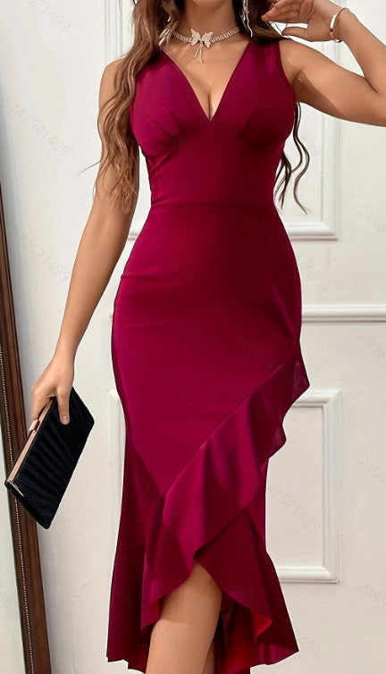 Damen Midikleid mit V-Ausschnitt und asymmetrischem Rüschensaum EB