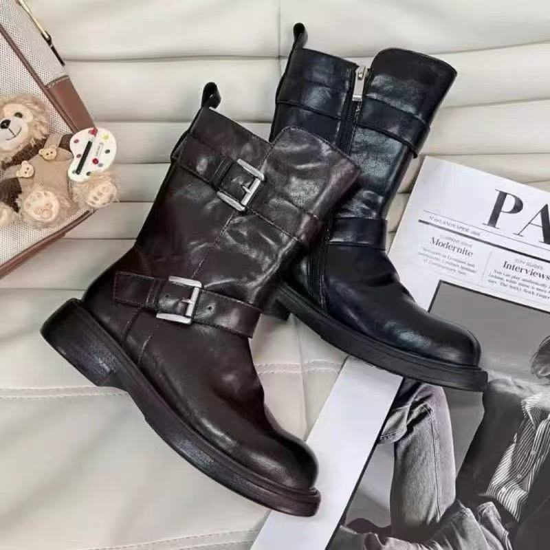 Damen Modische Stiefel mit stilvollem Schnallen-Design und robuster Sohle EB