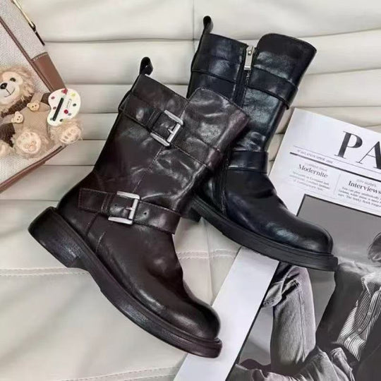 Damen Modische Stiefel mit stilvollem Schnallen-Design und robuster Sohle EB