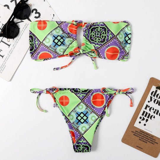 Damen Bandeau-Bikini mit aufregendem Mustermix und verstellbaren Trägern EB