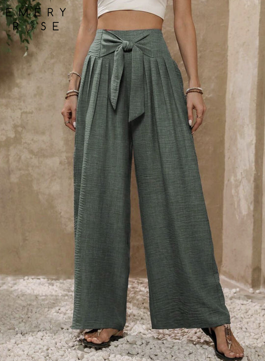 Damen Weite Hochtaillierte Hose mit Schleifenbund und Falten EB