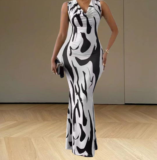 Damen elegantes Maxikleid mit figurbetontem Schnitt und trendigem Muster EB