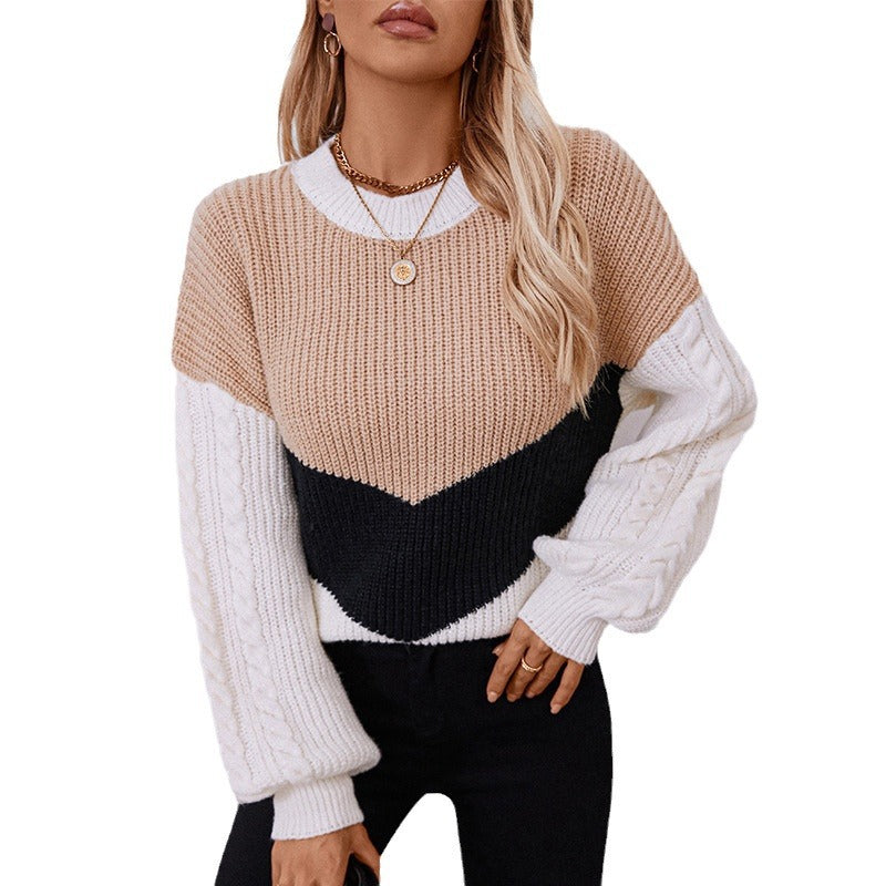 Damen modischer Strickpullover mit raffinierten Zopfmuster-Ärmeln und Kontrastfarben EB
