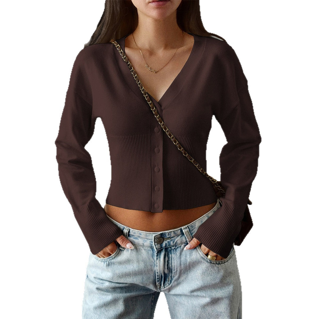 Damen nan taillierte Cropped-Strickjacke mit tiefem V-Ausschnitt, geripptem Bund und durchgehender Knopfleiste EB