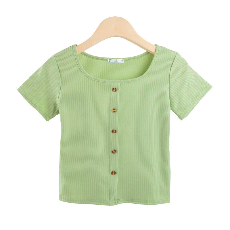 Damen Kurzarmshirt mit dekorativer Knopfleiste und modernem Rippenstrick EB