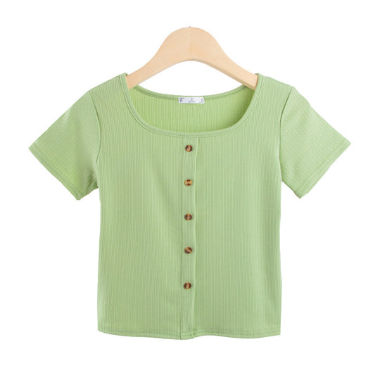 Damen Kurzarmshirt mit dekorativer Knopfleiste und modernem Rippenstrick EB