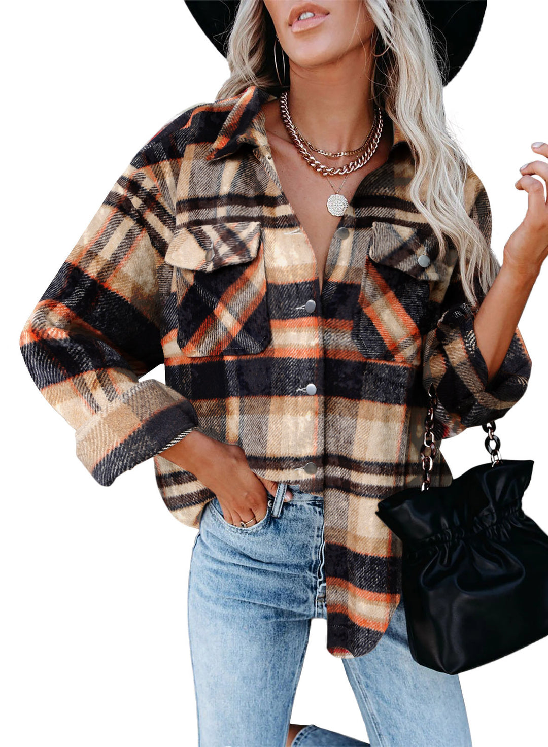 Damen Übergröße Karo-Hemdjacke aus weichem Stoff mit Druckknöpfen EB