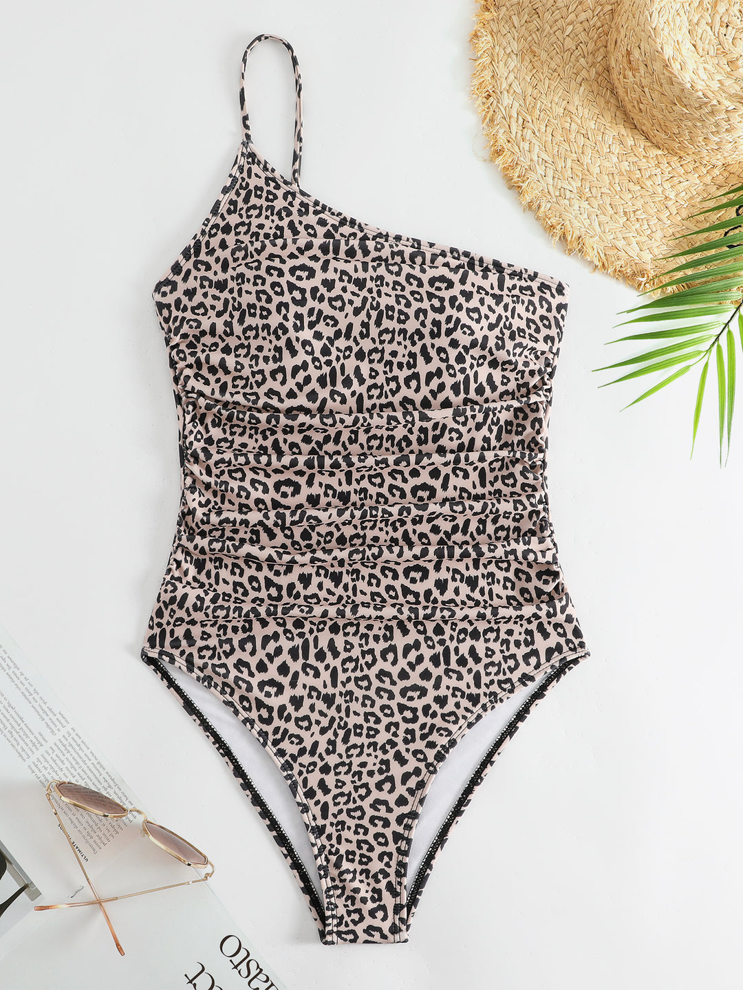 Damen One-Shoulder Badeanzug mit stylischem Animal-Print und femininen Raffungen EB