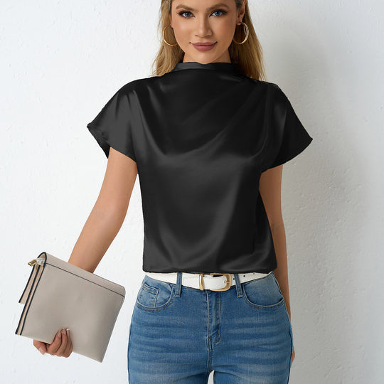 Damen elegante Satin Bluse mit Stehkragen EB