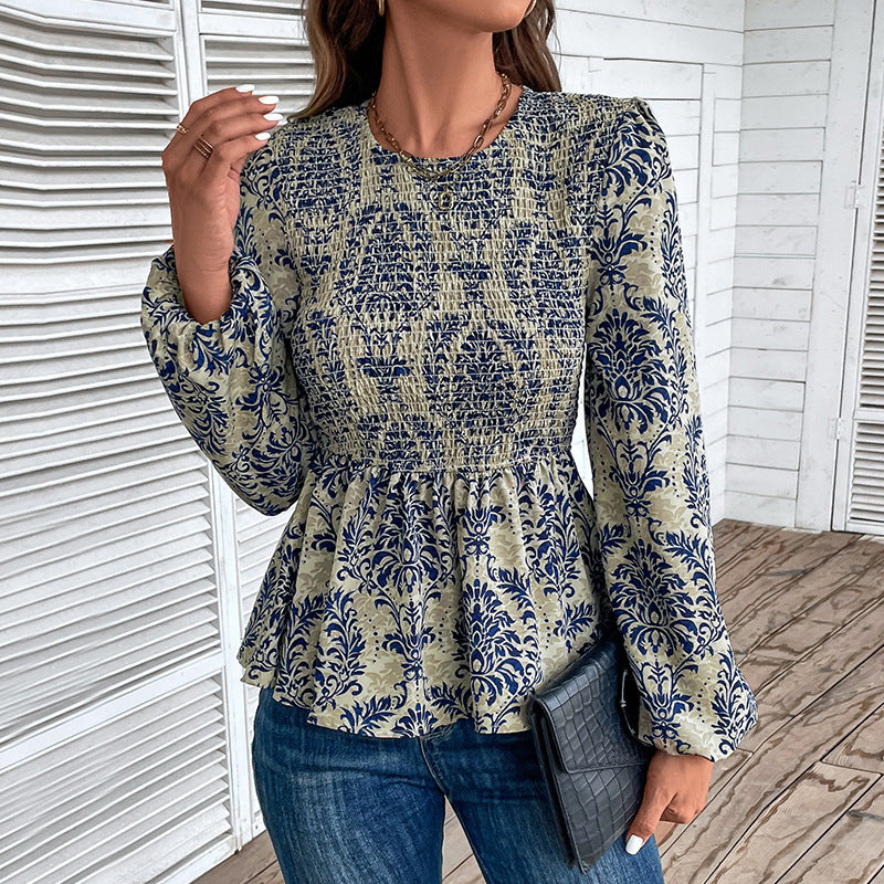 Damen Oberteil mit floralem Design und gerafftem Saum EB