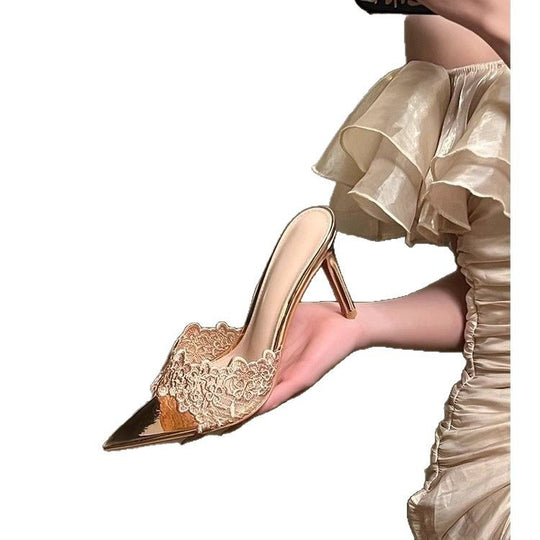 Damen elegante High Heel Mules mit Spitze und Spitzenverzierung EB