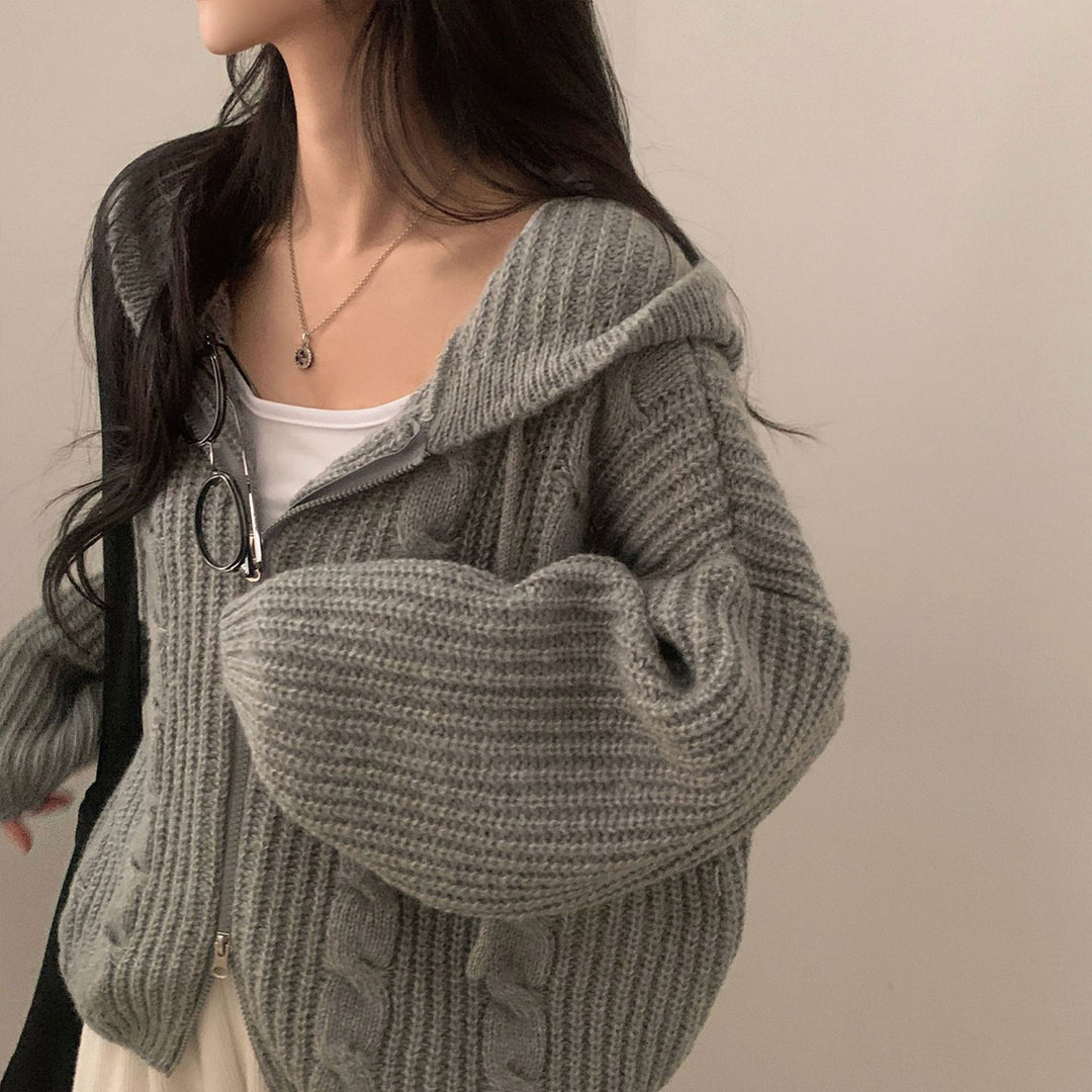 Damen Bequemer Strickjacke mit Kapuze und Reißverschluss EB