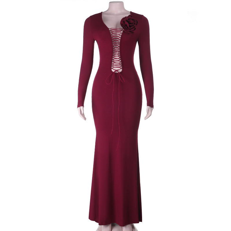 Damen figurbetontes Maxikleid mit Schnürung und floralem Detail EB