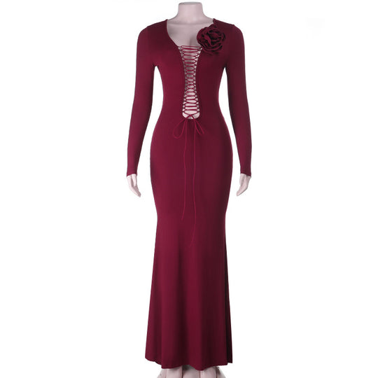 Damen figurbetontes Maxikleid mit Schnürung und floralem Detail EB