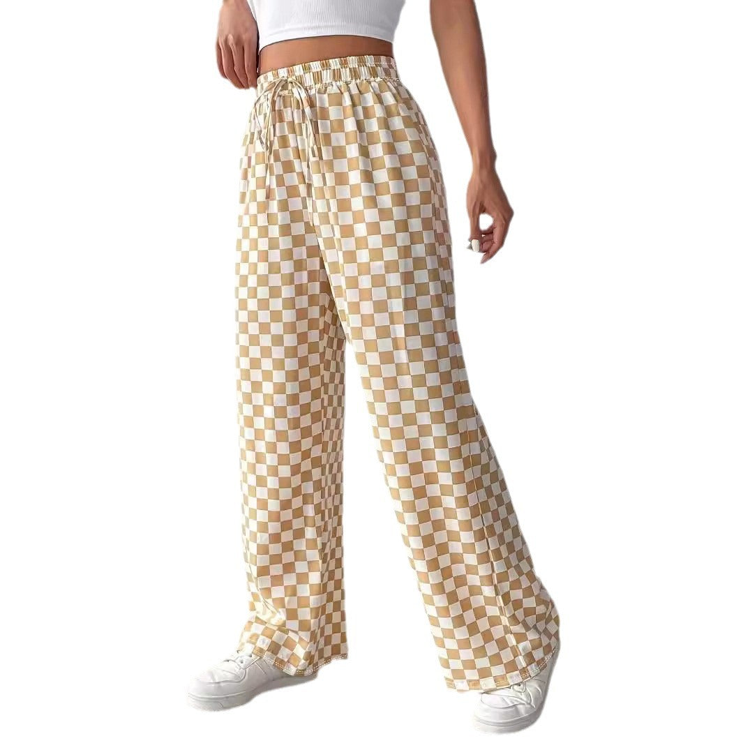 Damen weite Karohose mit elastischem Bund und Bindegurt EB