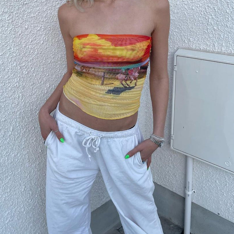 Damen Bandeau-Oberteil mit buntem, künstlerischem Druck und elastischem Material EB