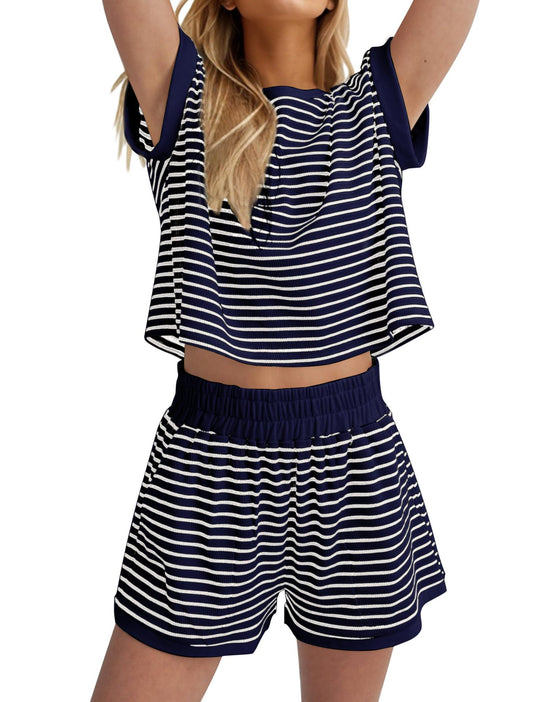 Damen Lässiges gestreiftes Set aus lockerer Oberteil und Shorts EB