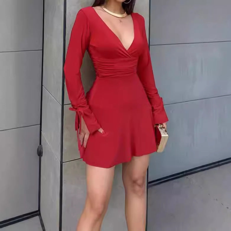 Damen Wickelkleid mit langen Ärmeln und dekorativen Knoten EB