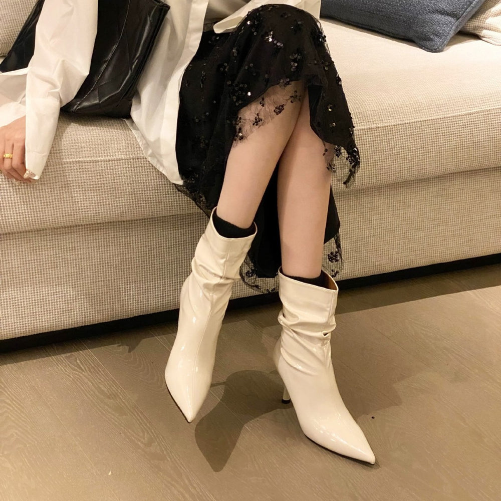 Damen elegante Stiefeletten mit spitzem Zehenbereich und schickem Falten-Design EB