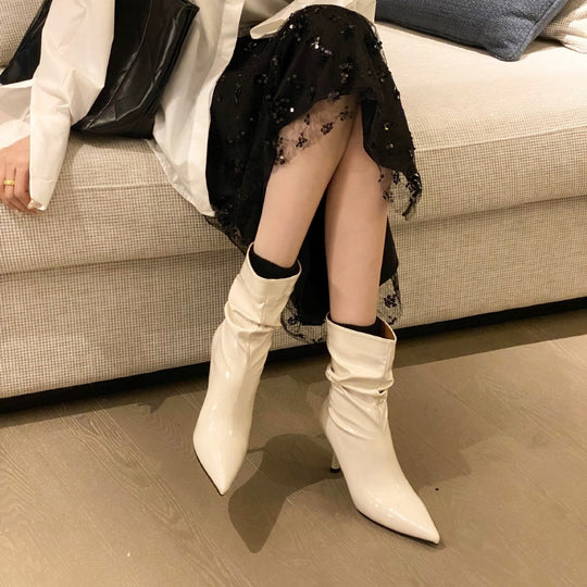 Damen elegante Stiefeletten mit spitzem Zehenbereich und schickem Falten-Design EB