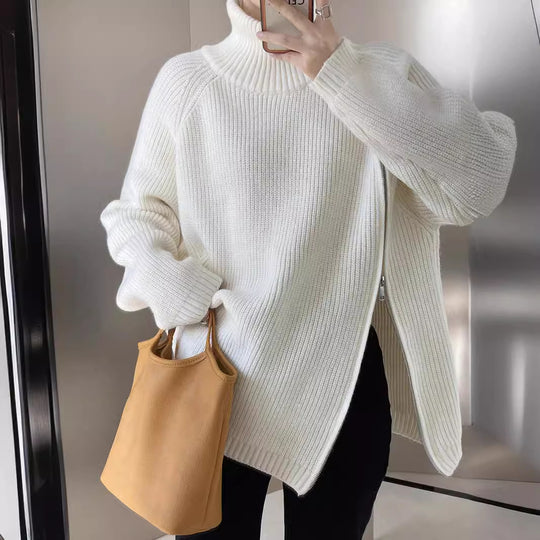 Damen lässiger Strickpullover mit seitlichem Reißverschluss und hohem Kragen EB