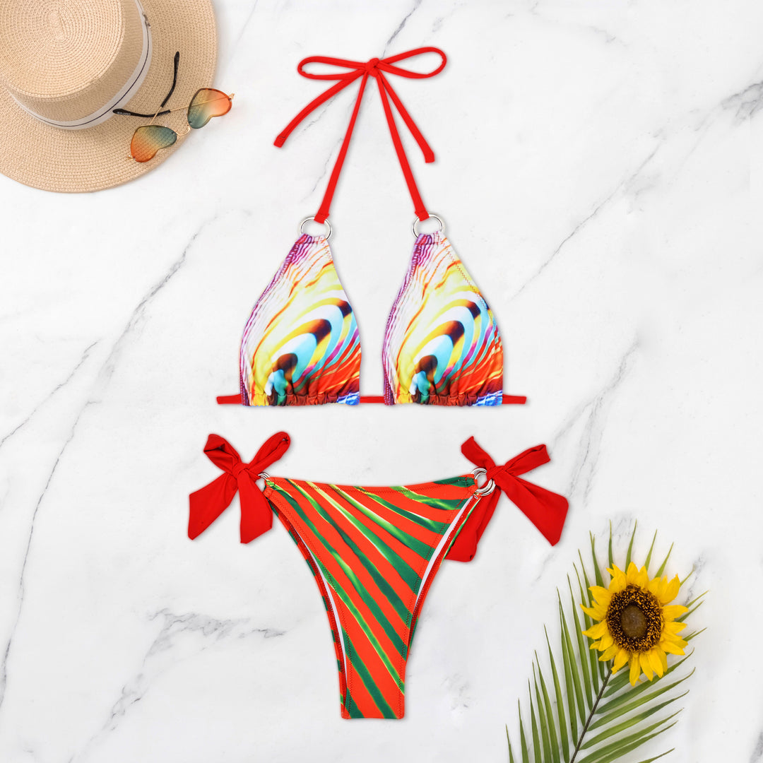 Damen Triangel-Bikini mit stylischen Schleifen und buntem Streifenmuster EB