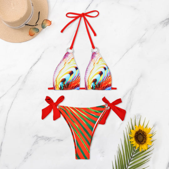 Damen Triangel-Bikini mit stylischen Schleifen und buntem Streifenmuster EB
