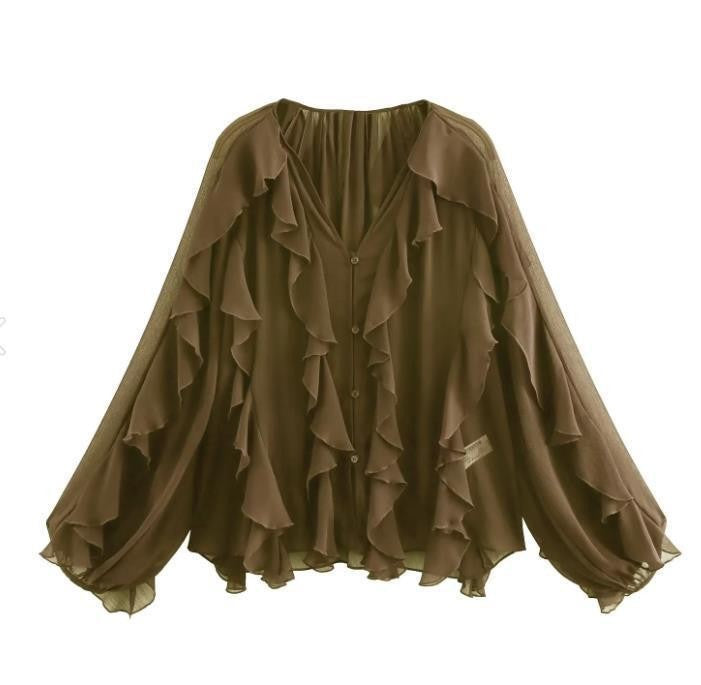Damen Rüschenbluse mit weitem Schnitt und ballonartigen Ärmeln EB
