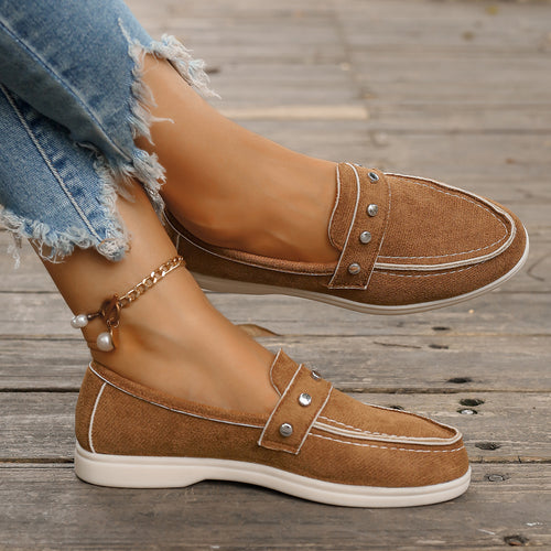 Damen Mokassin-Schuhe aus hochwertigem Denim mit dekorativen Metallakzenten EB