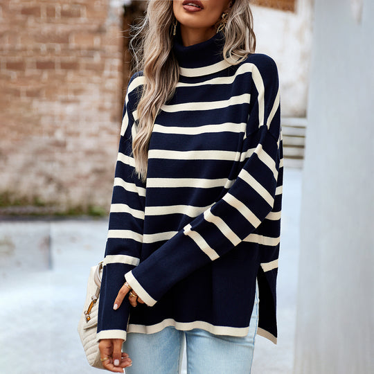 Damen nan Oversize Rollkragenpullover mit Querstreifen, weitem Schnitt und seitlichen Schlitzen EB