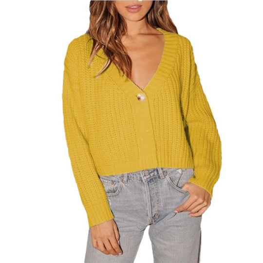 Damen Kurzer Strickcardigan mit V-Ausschnitt und modischen Knopfdetails EB